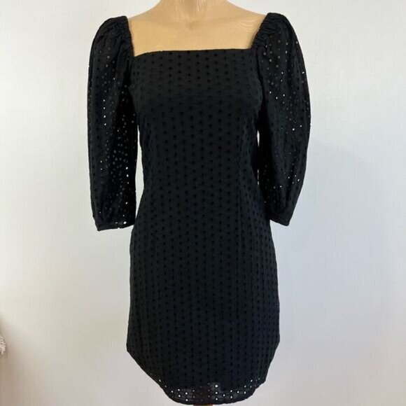 Suzy Shier Women’s XS Black Lined Square Neck Midi Dress Eyelet Puff Sleeve Cute - Picture 4 of 12